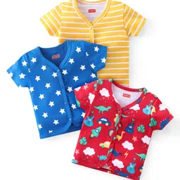 Babyhug 100% Cotton Knit Half Sleeves Striped Front Open Vests with Star & Dino Print Pack of 3 - Multicolour-picture-27