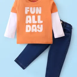 Babyhug Single Jersey Knit Full Doctor Sleeves T-Shirt & Denim Pant Set with Text Print - Orange-picture-25