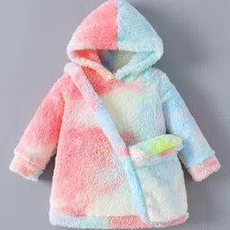 Kookie Kids Full Sleeves Hooded Tie & Dye Winter Dress With Sling Bag - Light Pink-image-55