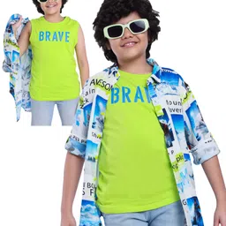 ollington st. OLLINGTON ST Rayon Woven Full Sleeves Beach Theme & Text Printed Shirt with T-Shirt - White & Neon Green-picture-14