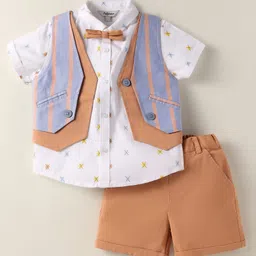 ToffyHouse Cotton Woven Half Sleeves Checks 3 Piece Party Suit With Bow & Stripes - Tan-picture-12