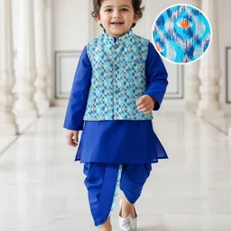 Babyhug Cotton Woven Full SleevesKurta Dhoti Set with Motif Printed Waistcoat - Blue-picture-19