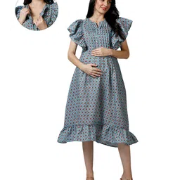 Mom for sure by Ketki Dalal Pure Cotton Sleeveless Floral Printed Maternity Dress With Front Open Nursing Access - Blue-picture-20