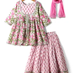 Babyhug Cotton Three Fourth Sleeves Kurti Lehenga Set with Dupatta & Floral Cambric Print - White image 1