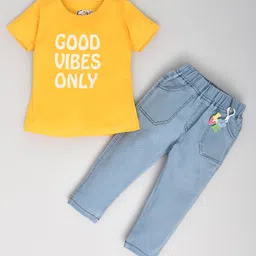 Kiwi Cotton Half Sleeves Good Vibes Only Text Printed Tee With Jeans - Gold & Sky Blue-image-56