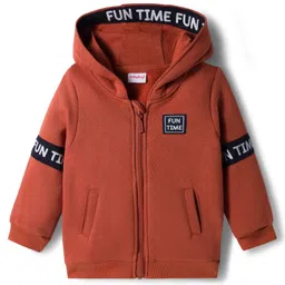 Babyhug Fleece Knit Full Sleeves Hooded Sweatjacket With Fun Time Patch & Kangaroo Pockets - Brown-picture-18