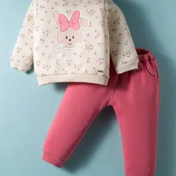 ToffyHouse Knit Woven Full Sleeves Top & Jogger Set with Floral & Bunny Print - Pink & Cream-image-92