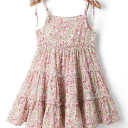 Kookie Kids Cotton Woven Sleeveless Frock With Floral Print and Tie Up Detailing - Pink & White-image-37