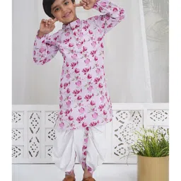 Little Bansi Cotton Woven Full Sleeves Floral Printed Kurta with Dhoti Set - Pink-picture-33