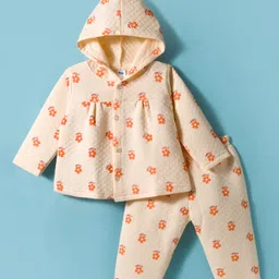 Tango Knit Full Sleeves Hooded Winter Wear Co-ords Night Suit With Floral Print - Cream-picture-14