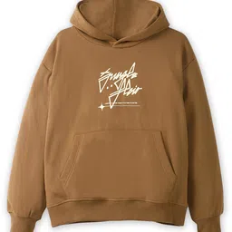 ALAN JONES Cotton Blend Knit Full Sleeves Typography Printed Light Winter Oversized Hoodie - Dark Camel-picture-15