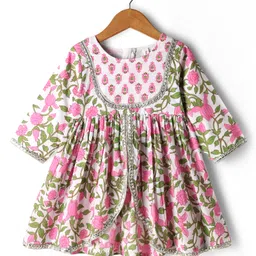 Babyhug Cotton Three Fourth Sleeves Kurti Lehenga Set with Dupatta & Floral Cambric Print - White image 2