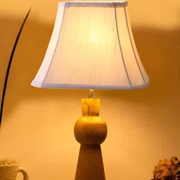 Devansh Off White & Brown Frustum Shaped Wooden Table Lamp image 3