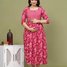 BAESD Floral Printed Gathered or Pleated Round Neck Maternity Gown Midi Dress-picture-20