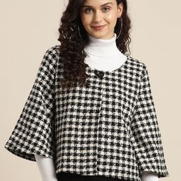 Qurvii Women Black White Houndstooth Checked Open Front Jacket-picture-17