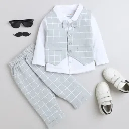 Bumzee Kids Grey & White Checks Full Sleeves Shirt, Waistcoat, Pants with Bow image 1