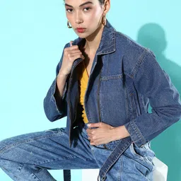 Roadster Women Stunning Blue Solid Denim Trucker Jacket-picture-10