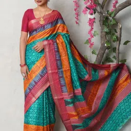 Unnati Silks Green & Pink Silk Printed Saree With Unstitched Blouse image 1