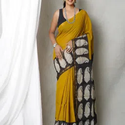Unnati Silks Mustard & Black Printed Saree With Unstitched Blouse image 1