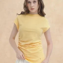 RAREISM Yellow Cotton Solid Short Sleeves Top image 1