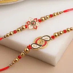 NVR Men Red & Gold Floral Design Artificial Beads Thread Rakhi With Roli Chawal Chandan & Mishri image 1