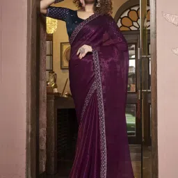 Satrani Purple Embroidered Saree With Unstitched Blouse image 1