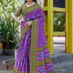 Satrani Purple & Green Cotton Ikkat Print Saree With Unstitched Blouse image 1