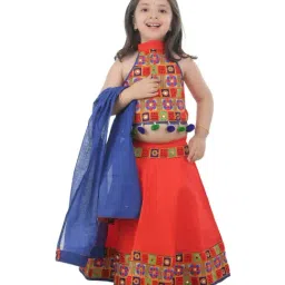 Ahhaaaa Kids Orange & Blue Cotton Embroidered Lehenga Cholis-image-45