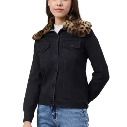 StyleStone Black Animal Print Denim Jacket With Detachable Fur Collar-picture-17