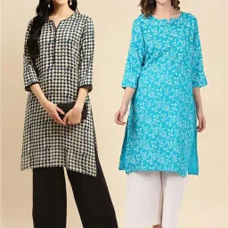 Rangita Turquoise & Off-White Floral Print Straight Kurta - Pack OF 2 image 1