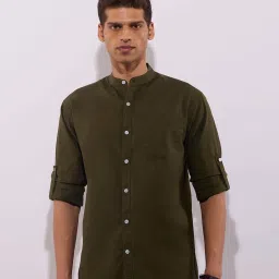 Hoversoul Green Cotton Regular Fit Long Sleeves Mandarin Collar Shirt image 1