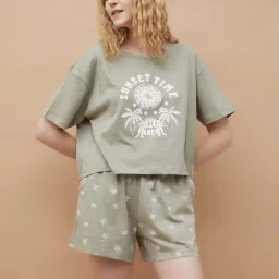 Ginger By Lifestyle Green Cotton Regular Fit Printed Short Sets image 1