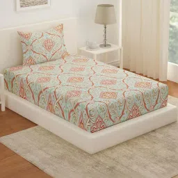 @Home Arias Green & Red 225 TC Cotton Satin Single Bedsheet with 1 Pillow Cover image 1