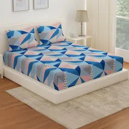 @Home Arias Blue & Pink 165 TC Cotton King Bedsheet with 2 Pillow Covers image 1