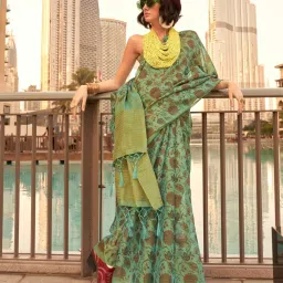 Vardha Mint Green Printed Saree With Unstitched Blouse image 1