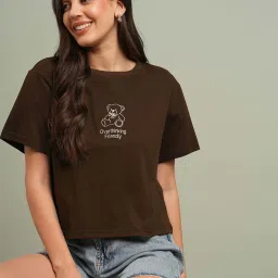 Globus Women Brown Round Neck Short Sleeves Graphic Print Oversized T-Shirt image 1