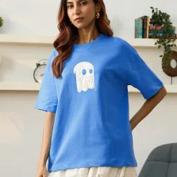 The Souled Store Blue Cotton Loose Fit Printed T-Shirt image 1