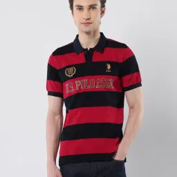 U.S. Polo Assn. Red & Black Cotton Slim Fit Striped Polo T-Shirt image 1
