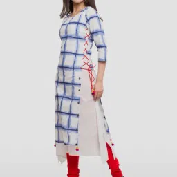 YASH GALLERY White & Blue Cotton Chequered A Line Kurta image 3