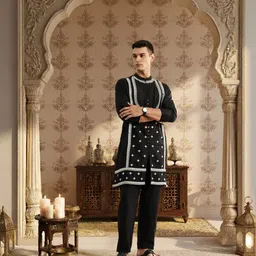 House of Pataudi Embroidered Thread Work Jashn Kurta with Trousers-image-68