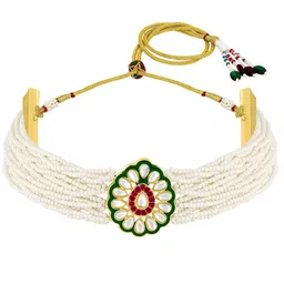 Peora Gold-Plated Stones-Studded & Beaded Necklace & Earrings image 2