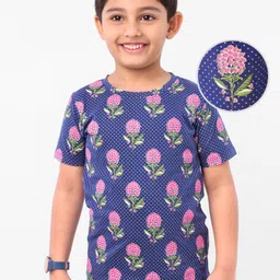 Earthy Touch Cotton Knit Half Sleeves Tee Flower Print - Navy Blue-picture-12