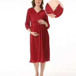 Bella Mama Knitted Shiny All Over Pleated Over Lapping Maternity Dress - Maroon-picture-25