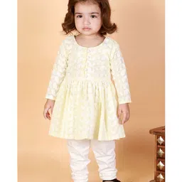 Vastramay Full Sleeves Chikankari  Kurta & Leggings -Yellow & White-picture-17