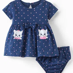 Babyhug Cotton Jersey Knit Half Sleeves Frock With Bloomer Kitty & Heart Print - Navy Blue image 1
