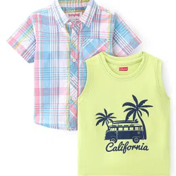 Babyhug Cotton Woven Half Sleeves Checked Shirt & California Print T-Shirt - Multicolor-picture-20