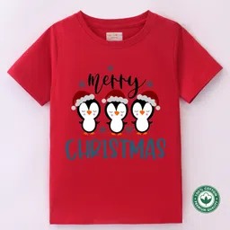 BLUSHES Christmas Theme 100% Cotton Half Sleeves Merry Christmas Text Printed Tee - Red-picture-36
