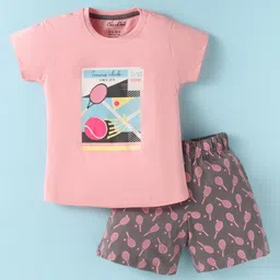 CUCUMBER Sinker Knit Half Sleeves Shorts Night Suit With Tennis Theme Print - Pink Brown-picture-16