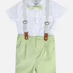 MINI KLUB Cotton Half Sleeves Solid Shirt With Shorts Suspender & Bow Set - White & Green-picture-16