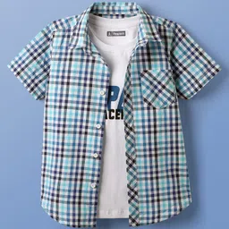 Pine Kids Cotton Woven Half Sleeves Checks Shirt With Sleeveless Text Printed T-Shirt - Light Blue White & Navy Blue-picture-41